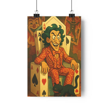 Poster espiègle cartes chat costumes rouges motifs orangés sourires festifs ludiques salon chambre vibrant détaillé réaliste dynamique