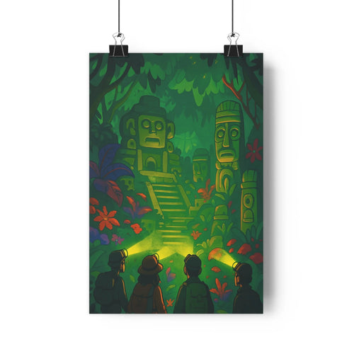 Poster aventure explorateurs forêt luxuriante projecteurs structure ancienne vêtements formels fleurs colorées ambiance mystérieuse exploration détails fins verte orangée salon