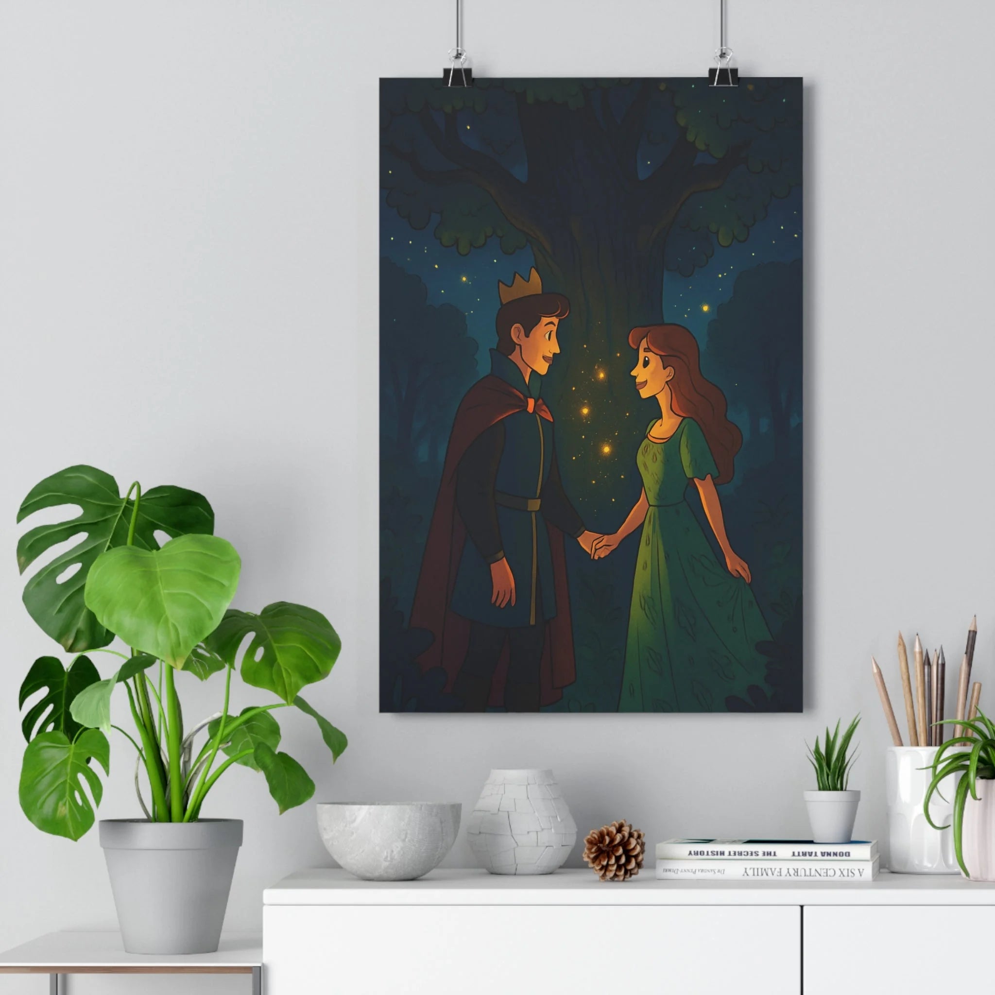 Poster décoratif romantique bleu vert cartoon magique chambre salon prince princesse féerique dessin animé