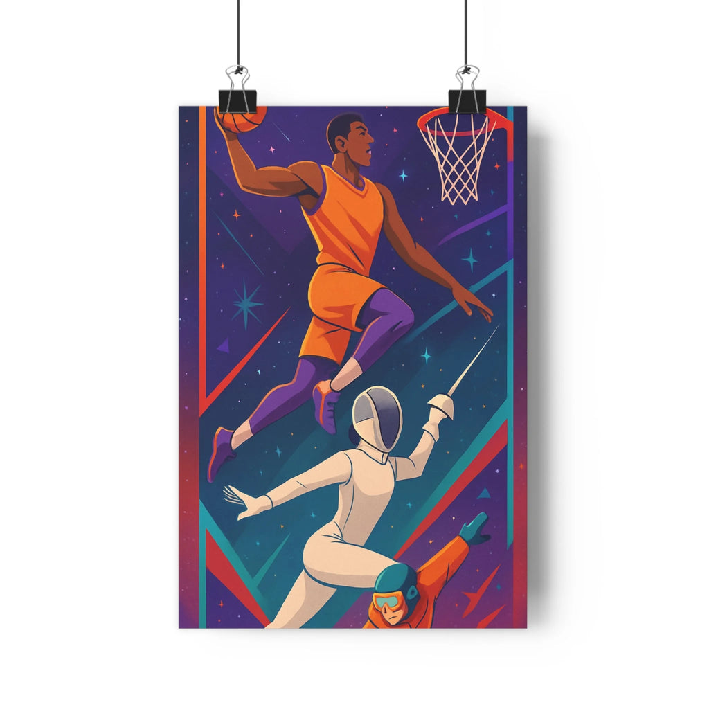 Poster sportif nuit étoile basket saut bloqueur couleurs vives contours nets ambiance dynamique chambre bureau salon