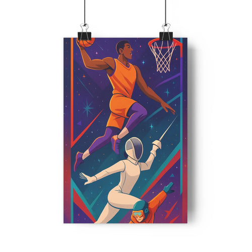 Poster sportif nuit étoile basket saut bloqueur couleurs vives contours nets ambiance dynamique chambre bureau salon