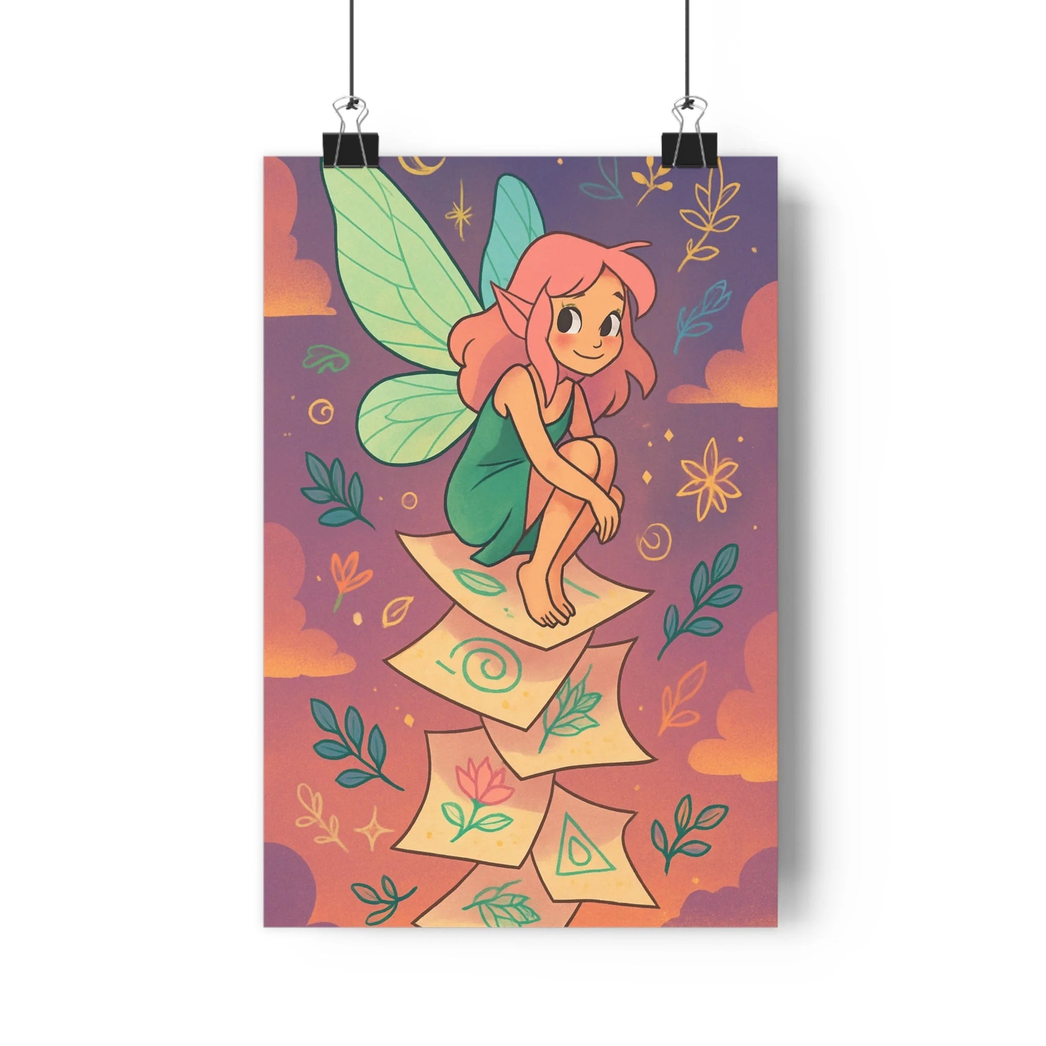 Poster décoratif fantastique fée cheveux roses ailes vertes magique enfant chambre créatif 30x46 ambiance