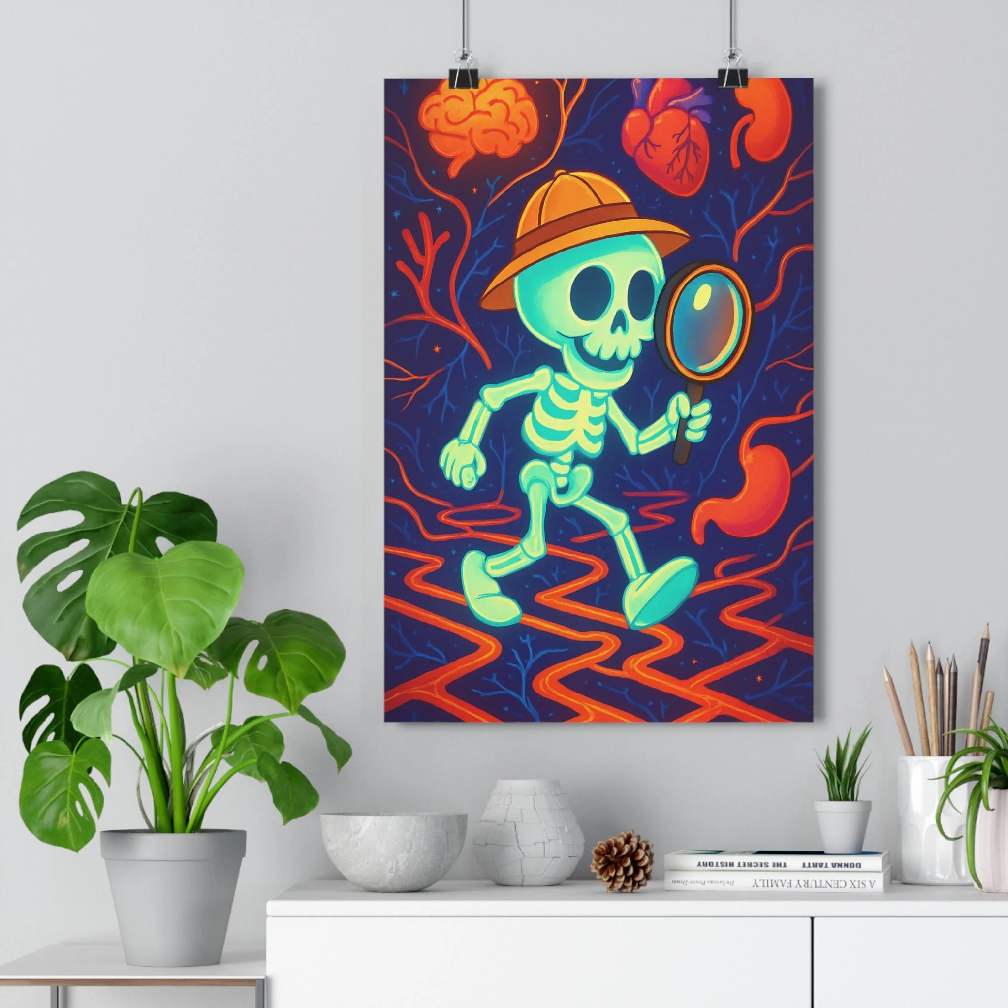 Poster décoratif cartoon explorateur squelette bleu orange ludique éducatif enfant chambre classe 30x46 vibrant