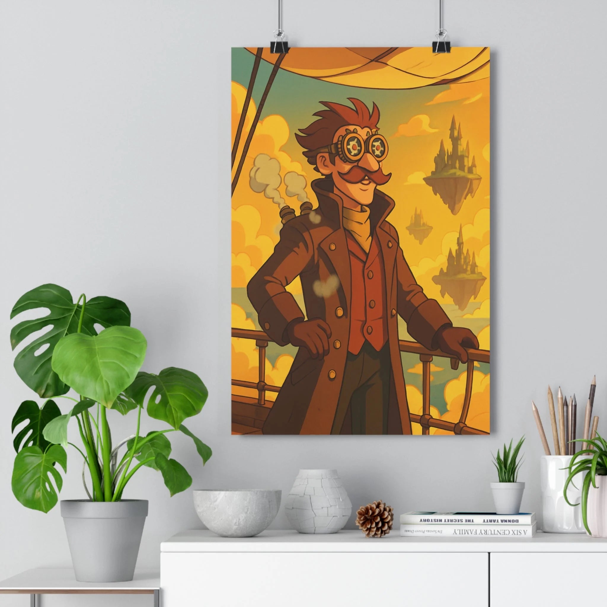 Poster décoratif steampunk vintage jaune orange aventure aérienne salon chambre bureau rétrofuturiste unique qualité