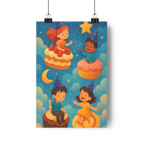 Poster enfants gâteaux chapeaux étoiles nuages fraises crème couleurs vives ambiance joyeuse cartoon chambre fantaisie