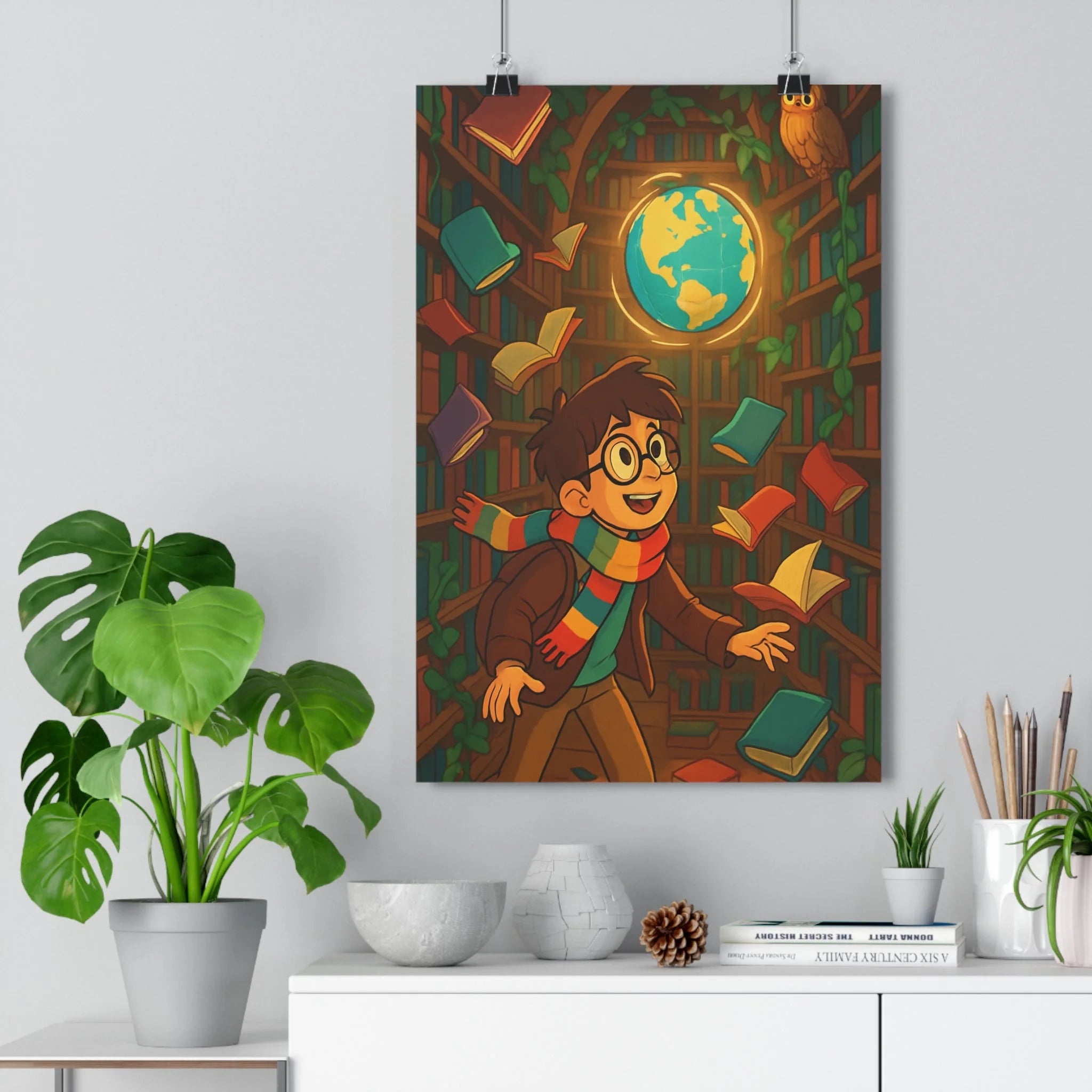 Poster décoratif magique mystique bibliothèque livre garçon légendaire hibou lumineux bleu rouge vert chambre