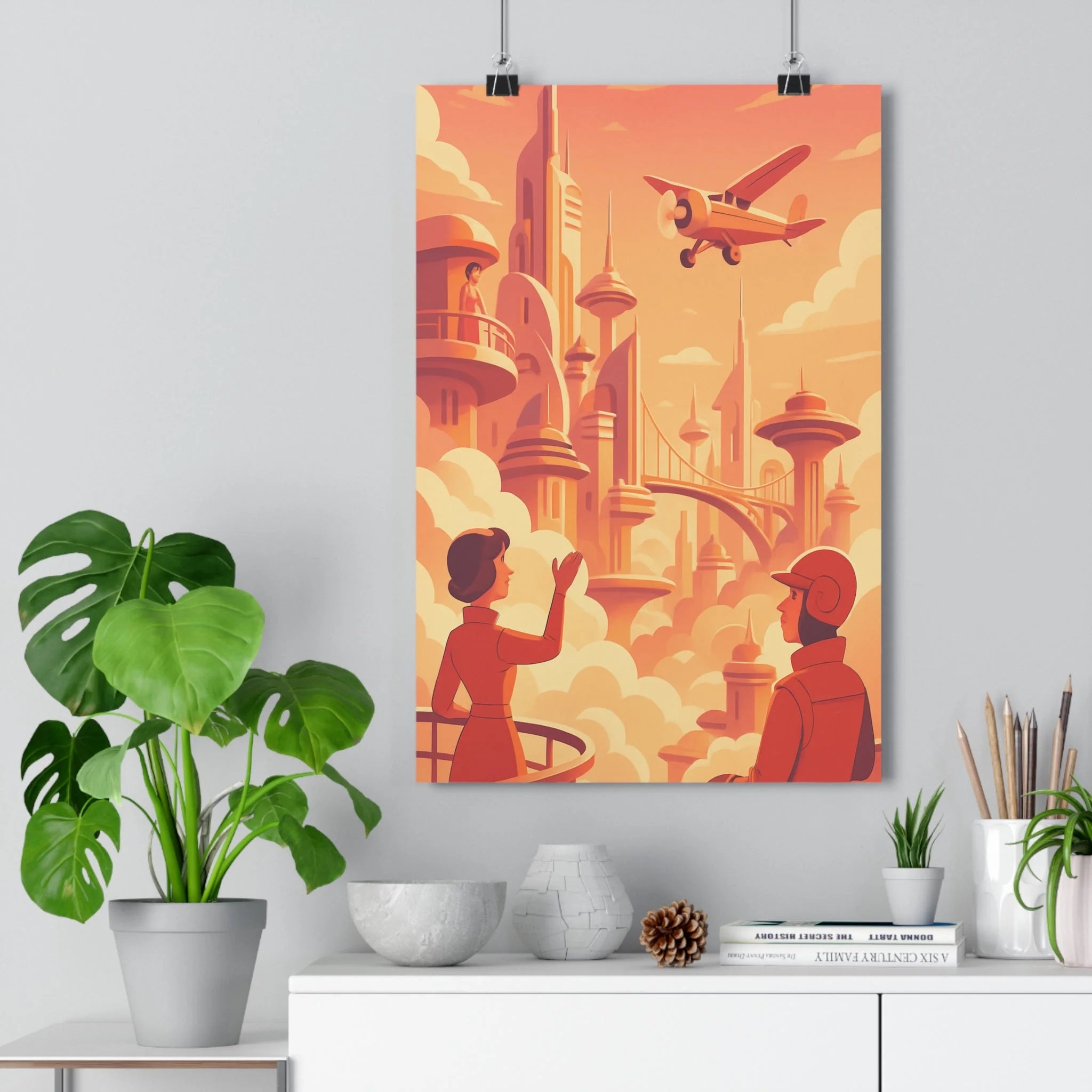Poster décoratif rétrofuturiste orange rose salon bureau rêveur nostalgique moderne design unique inspirant élégant