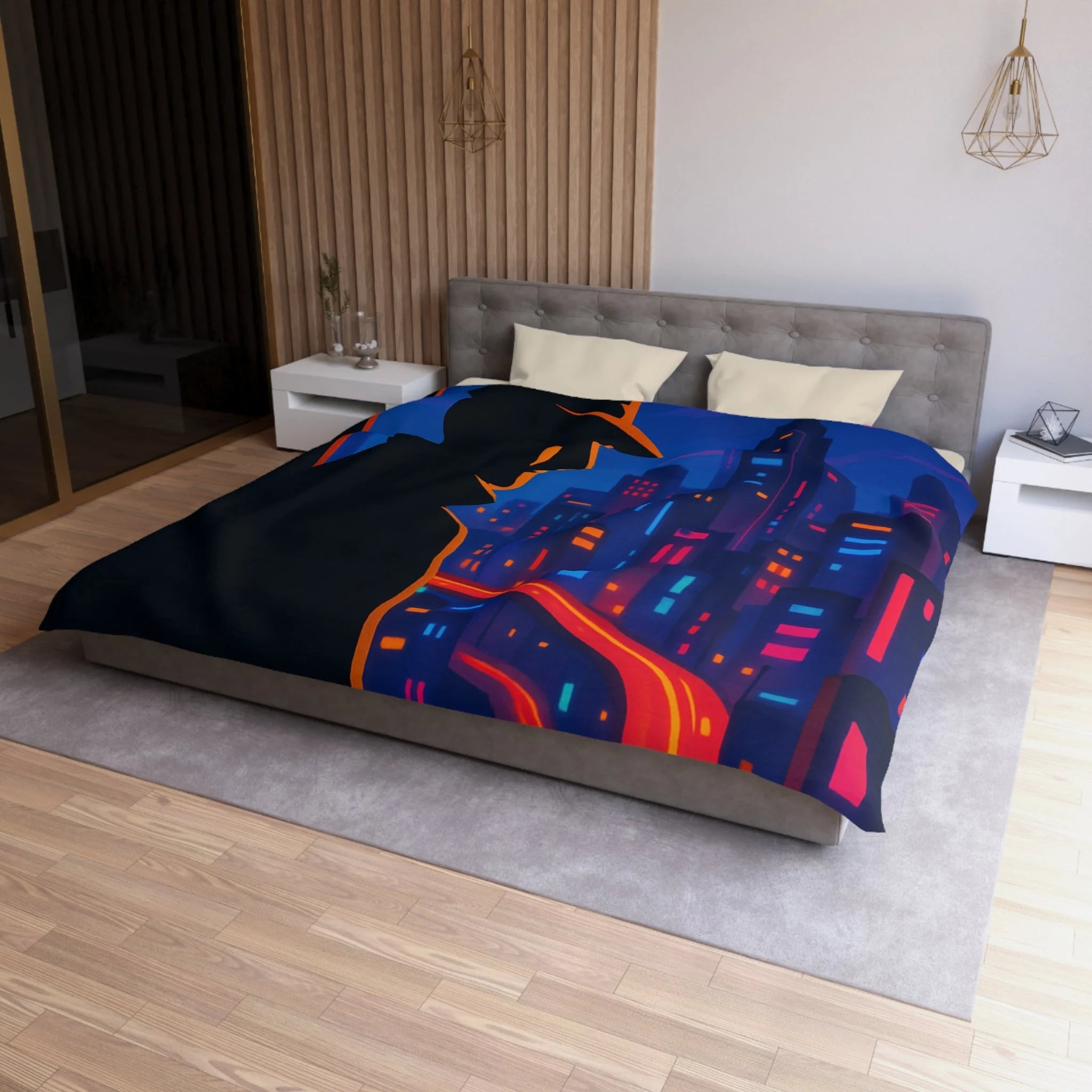 Housse de couette rétro mystérieuse avec silhouette urbaine nocturne et routes lumineuses
