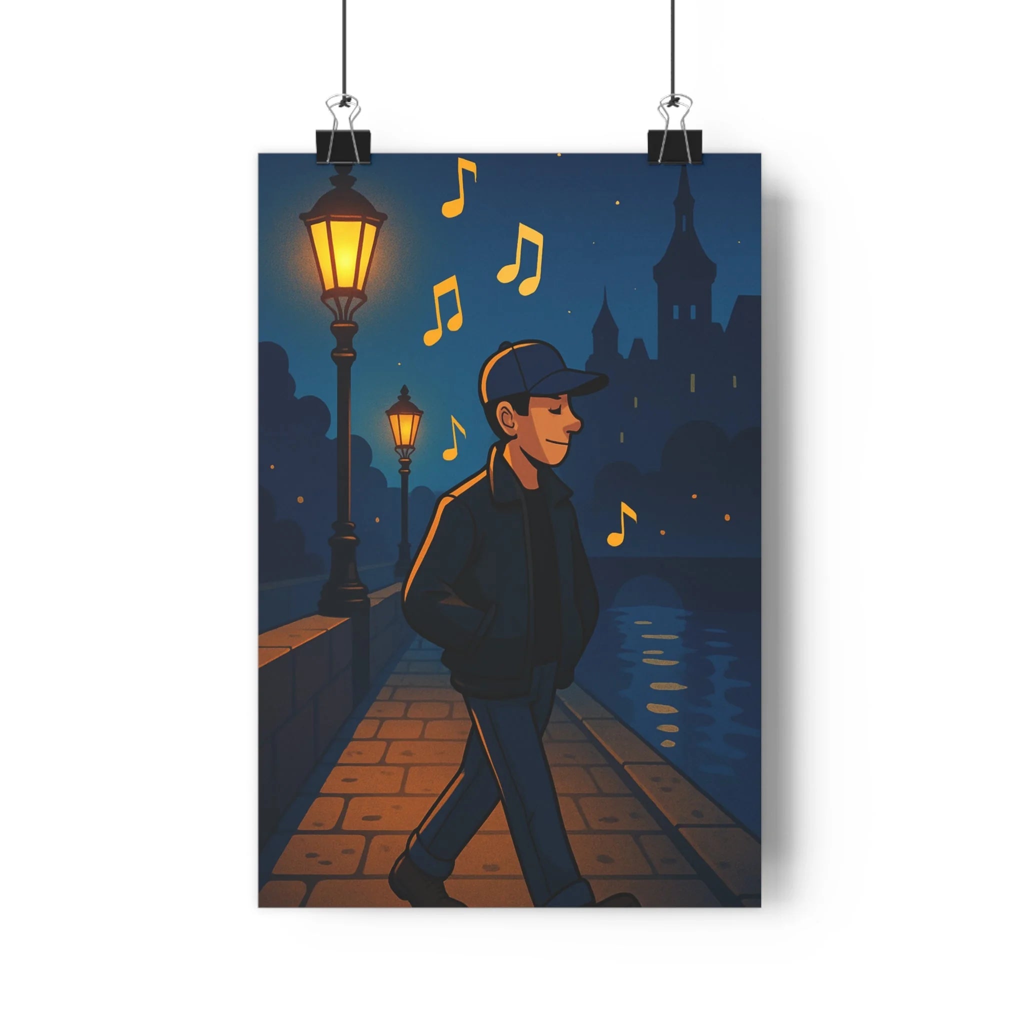 Poster décoratif cartoon urbain nocturne musique lumineux bleu doux salon chambre relaxation ambiance qualité