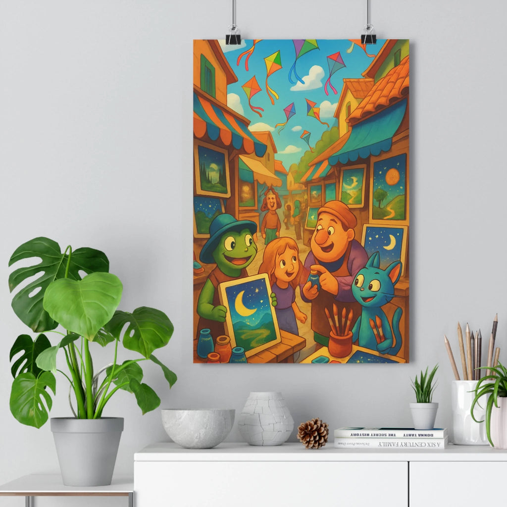 Poster décoratif coloré animé joyeux grenouille chat salon enfant artistique vibrant ambiance unique qualité