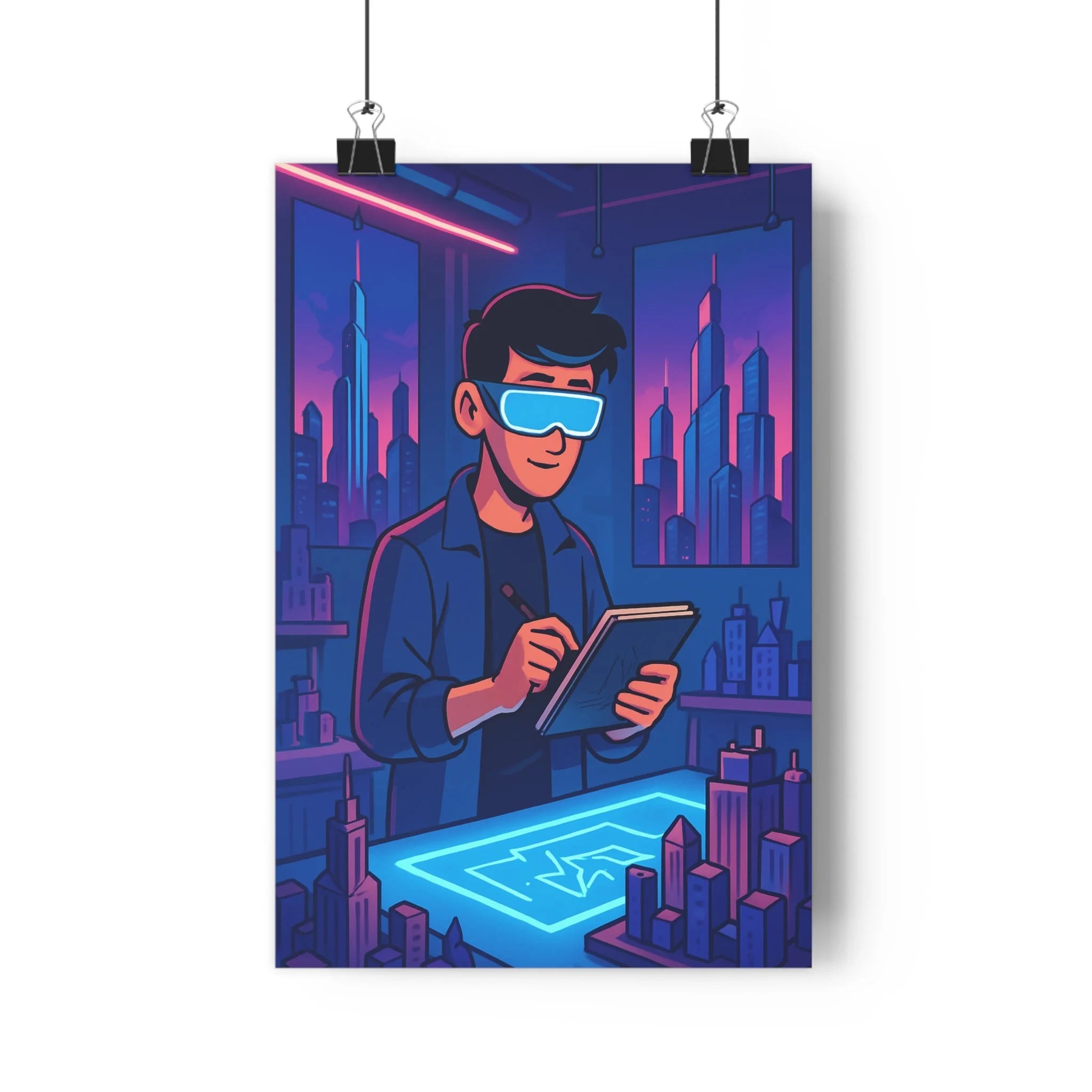 Poster décoratif futuriste néon moderne bleu rose urbain artistique bureau design créatif lumineux dynamique
