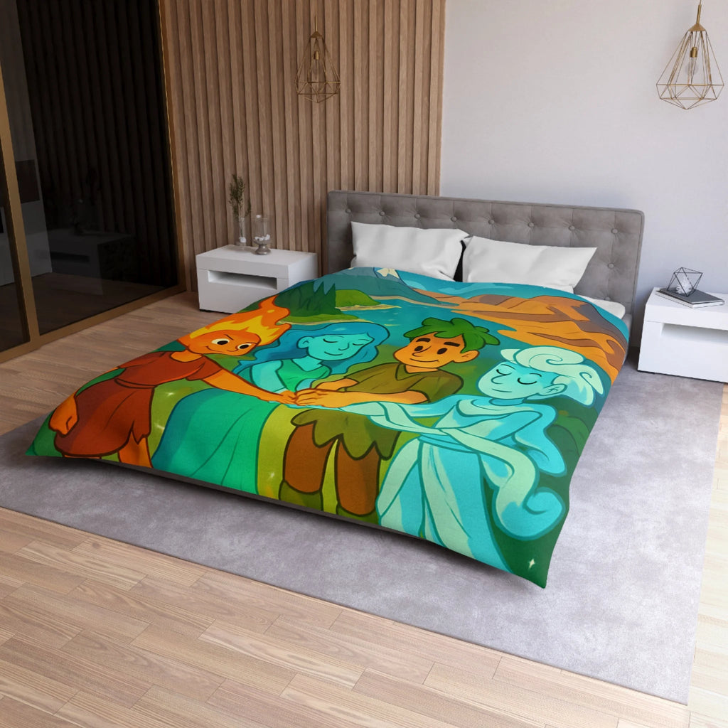 Housse de Couette Nature Enchantée avec Éléments Terre, Feu, Air et Eau Unifiés