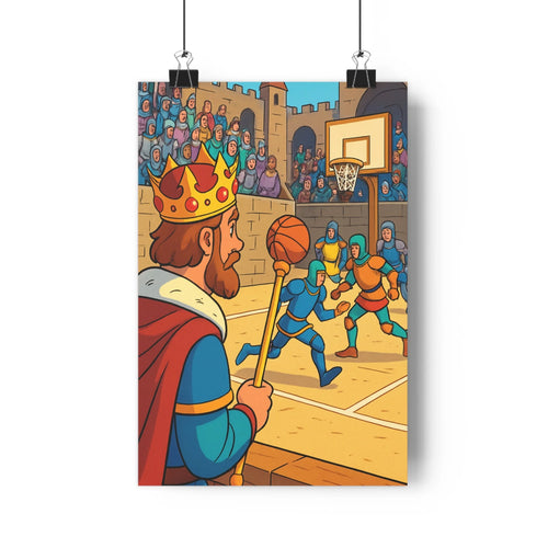 Poster roi basket chevaliers médiévale couleur bleue contour net style cartoon gradins spectateurs ambiance joyeuse chambre salon
