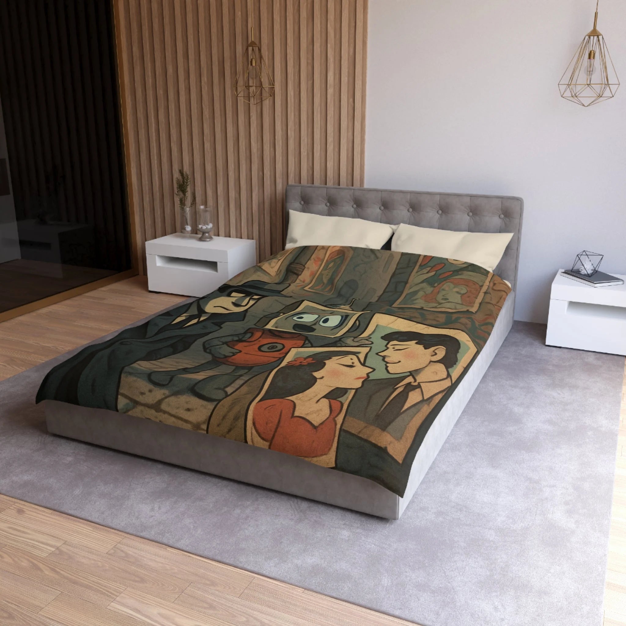 Housse de couette rétro robot vintage, style pop art, ambiance urbaine et romantique