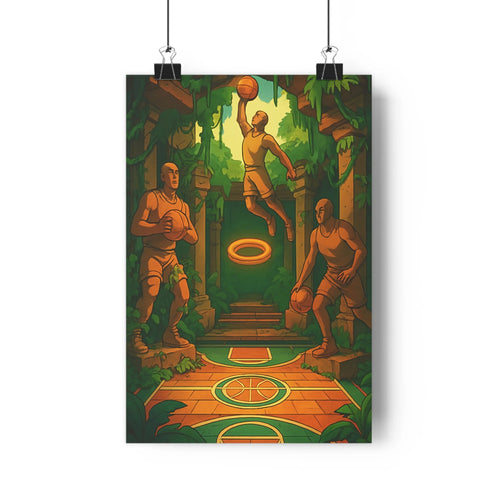 Poster dynamique basketball forêt luxuriante joueurs ballons verts expressions précises ambiance intense chambre salon