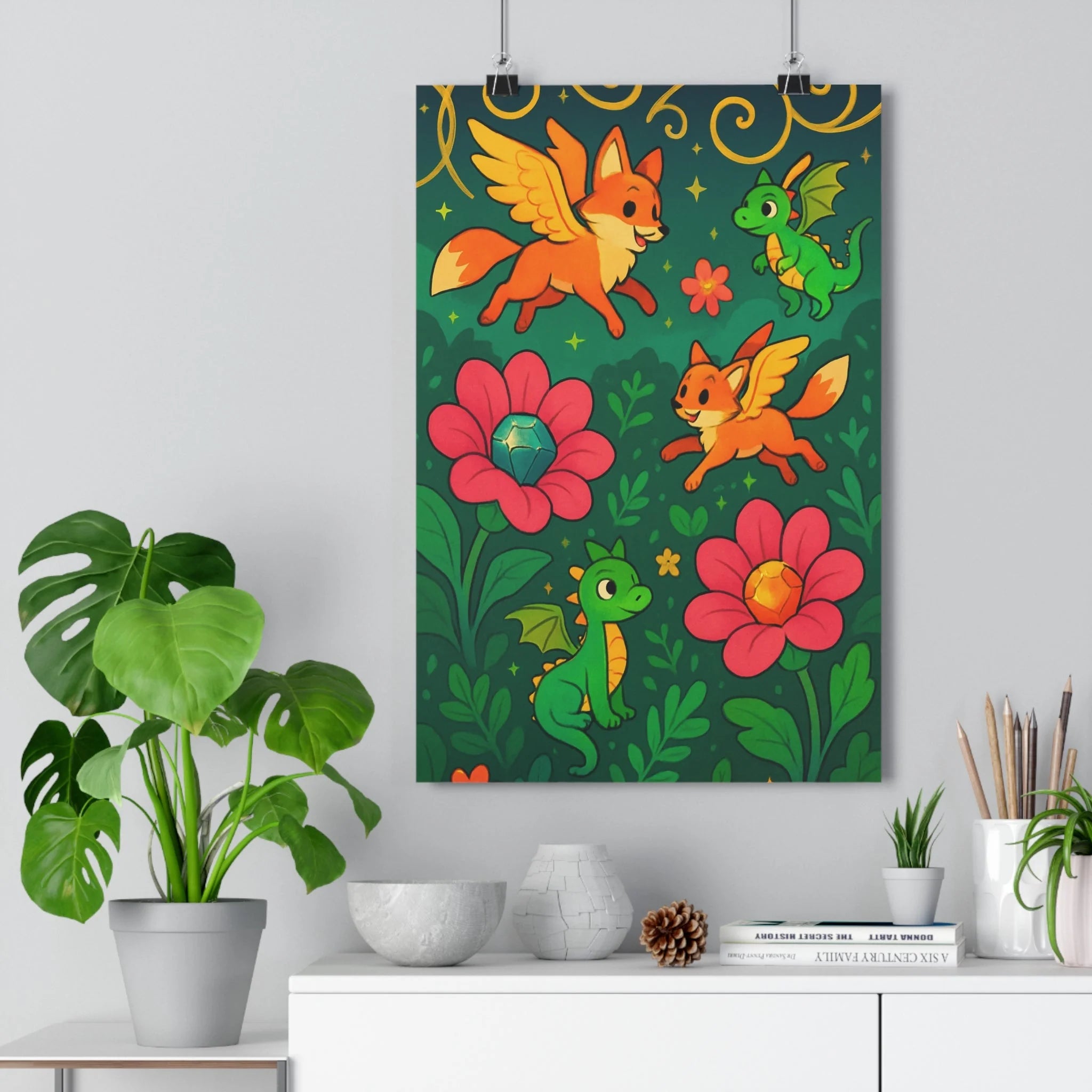 Poster décoratif jardin enchanté vert rose cartoon joyeux salon chambre enfant magique créatif lumineux