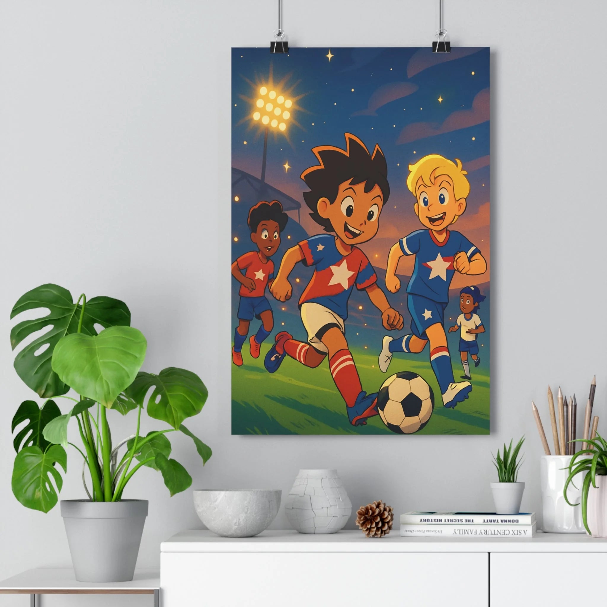 Poster décoratif anime étoiles football joyeux nocturne enfant coloré dynamique futuriste vibrant chambre mur