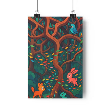 Poster fantastique forêt enchantée racines complexes feuilles colorées animaux interagissant ambiance magique style moderne vibrant accueillant chambre enfant salon