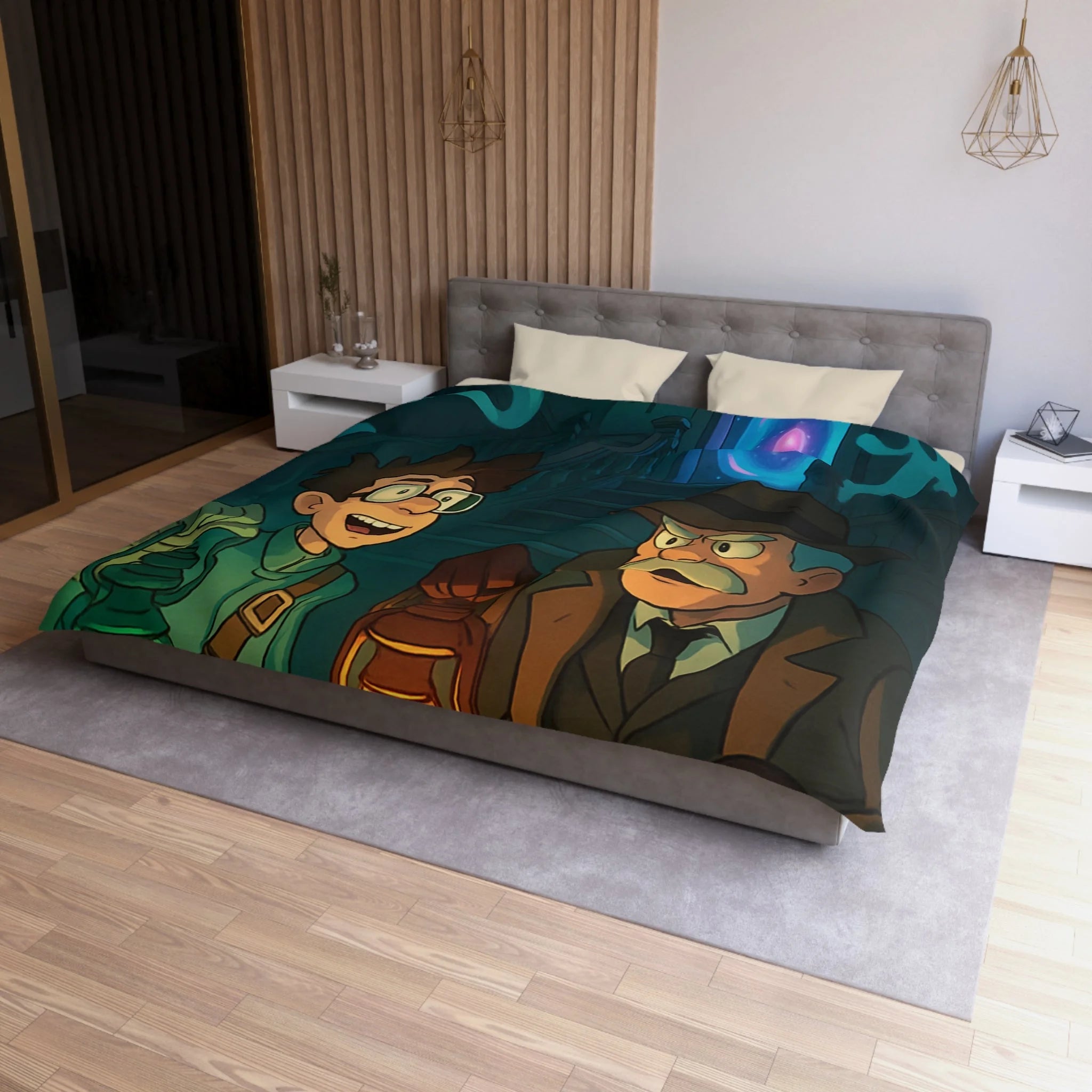 Housse de couette mystère avec lanternes, enquêteurs, fantômes et portail mystérieux