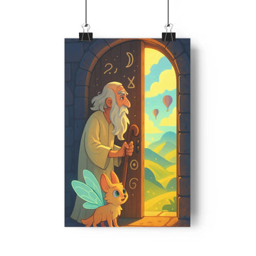 Poster mystique homme barbu renard ailé montagnes montgolfières soleil levant symboles astrologiques ambiance sereine couleurs pastel style doux contours nets