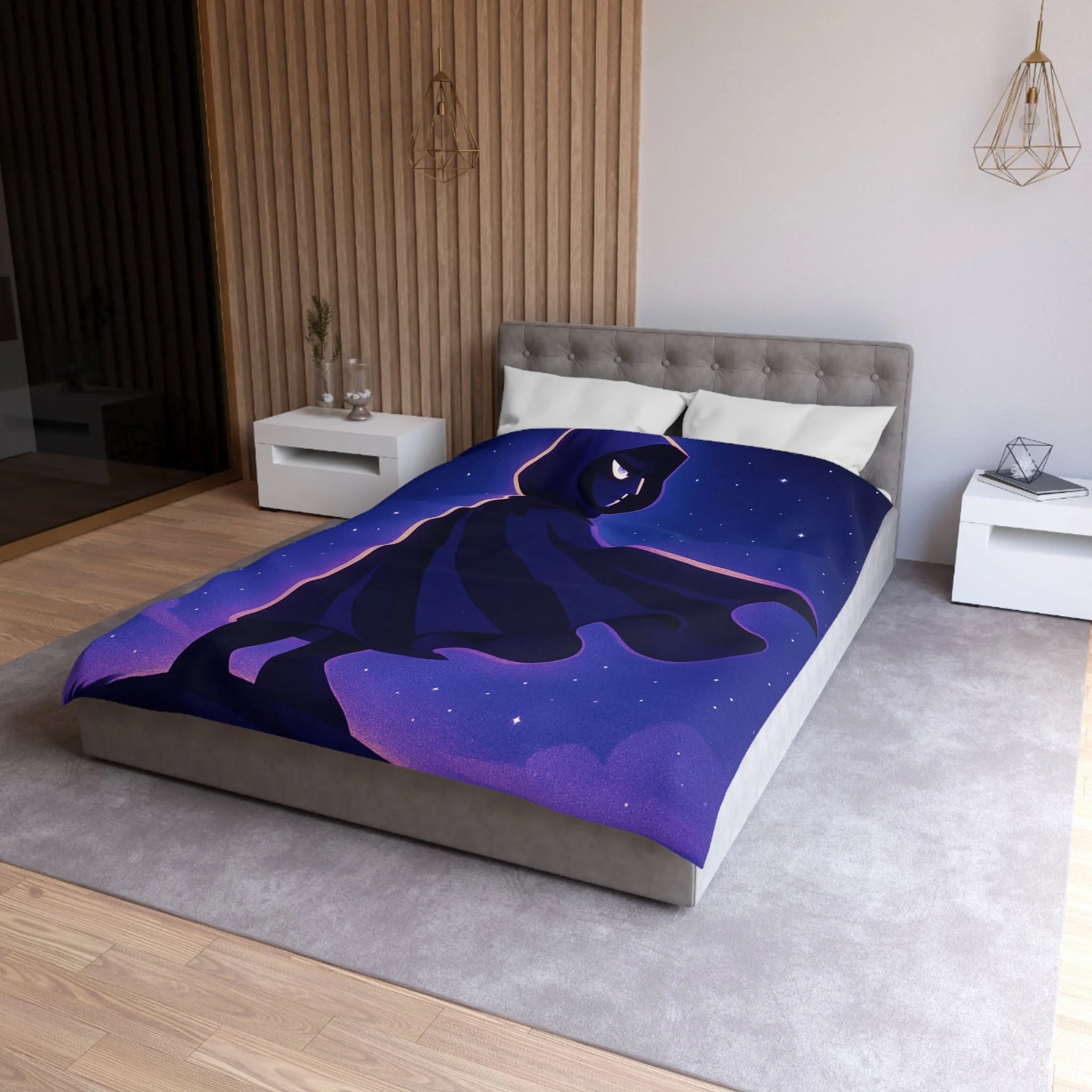 Housse de couette mystérieuse avec silhouette en cape sous un ciel étoilé magique