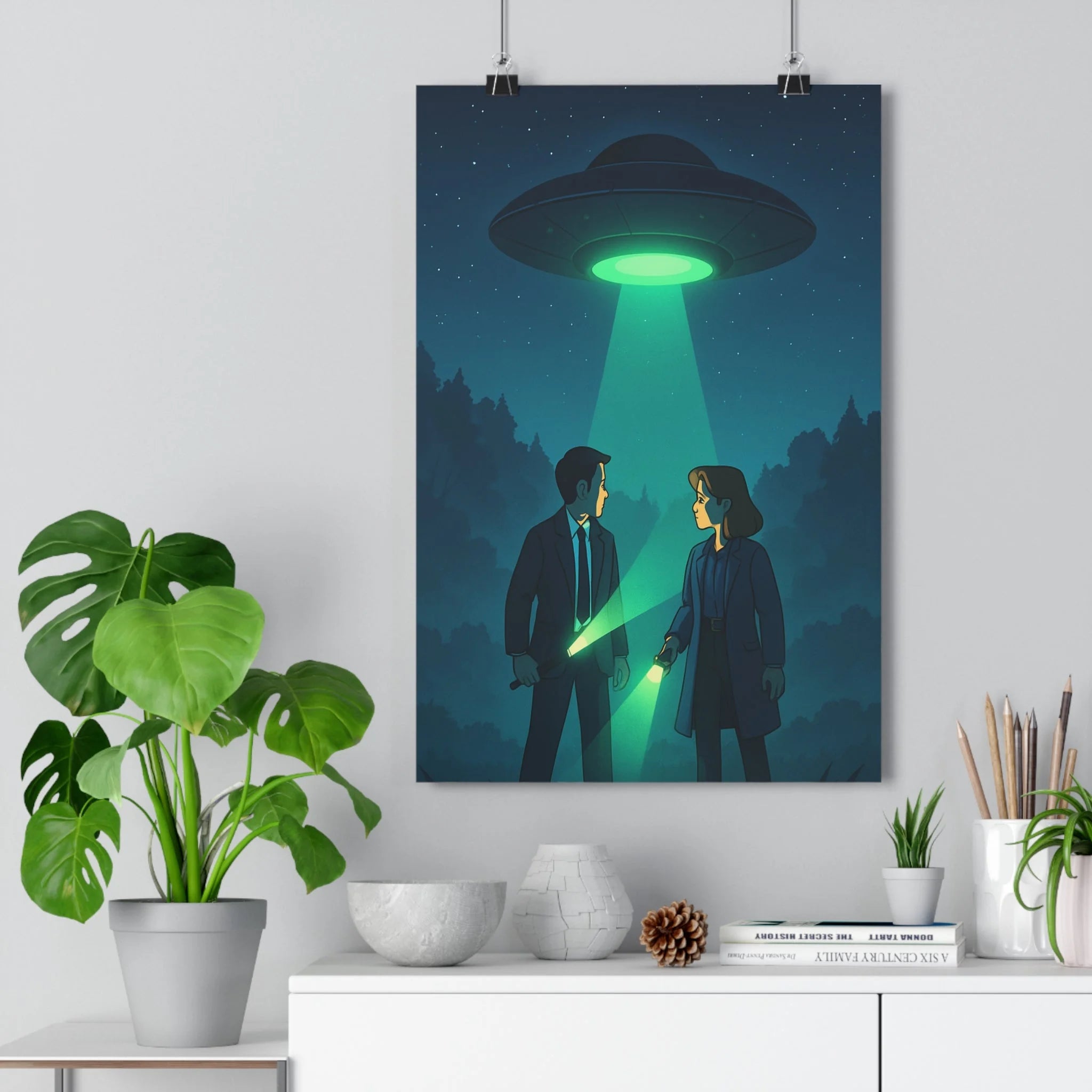 Poster décoratif cartoon bleu vert mystère aventure bureau chambre vaisseau spatial lampe personnages 30x46