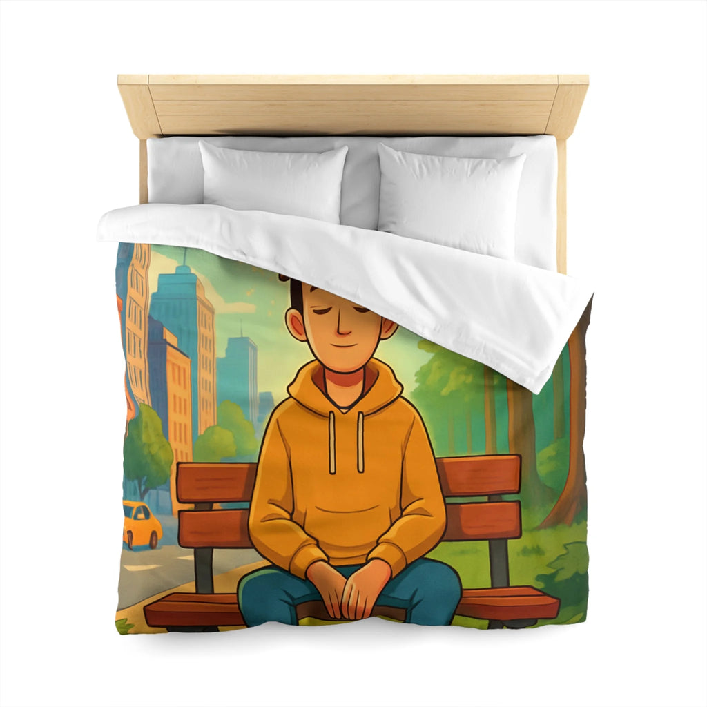 Housse de couette rêveuse garçon banco bois cartes illuminées parc illustré nature