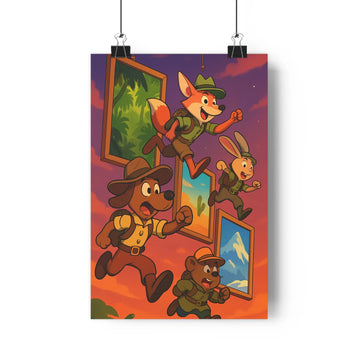 Poster chasseurs animaux cadre ciel couchant rose bleu rouge vert joyeux cartoon expresiones festives chambre salon