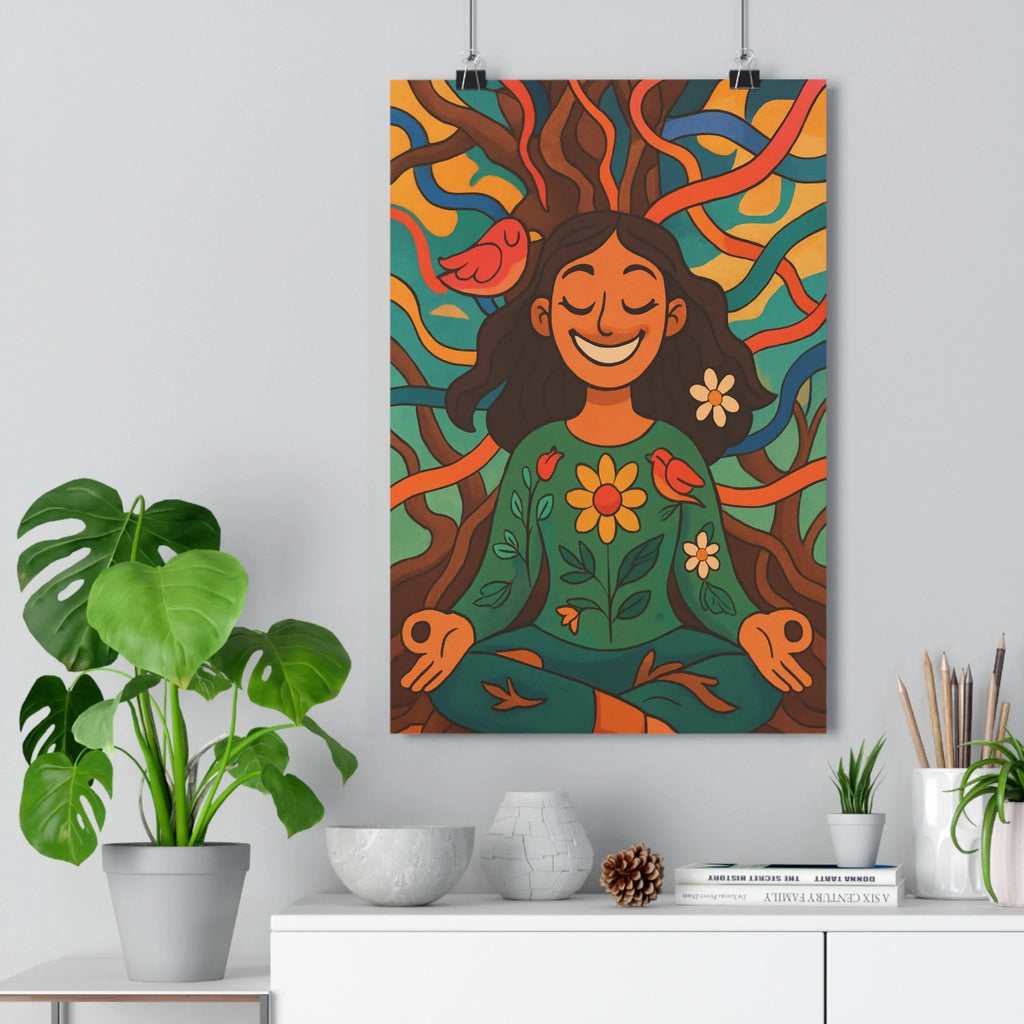Poster décoratif méditation femme nature cartoon joyeux surréaliste bleu jaune orange fleurs oiseaux qualité