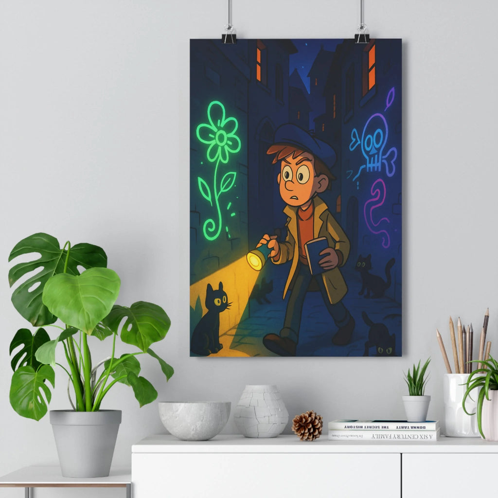 Poster décoratif cartoon sombre mystérieux aventure jeune explorateur graffiti chambre enfant couleurs contrastées qualité