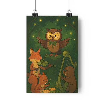 Poster animaux musiciens foret lumière dorée contours cartoon expressions joyeuses ambiance festive écureuils hibou renard ours concert nature mur chambre
