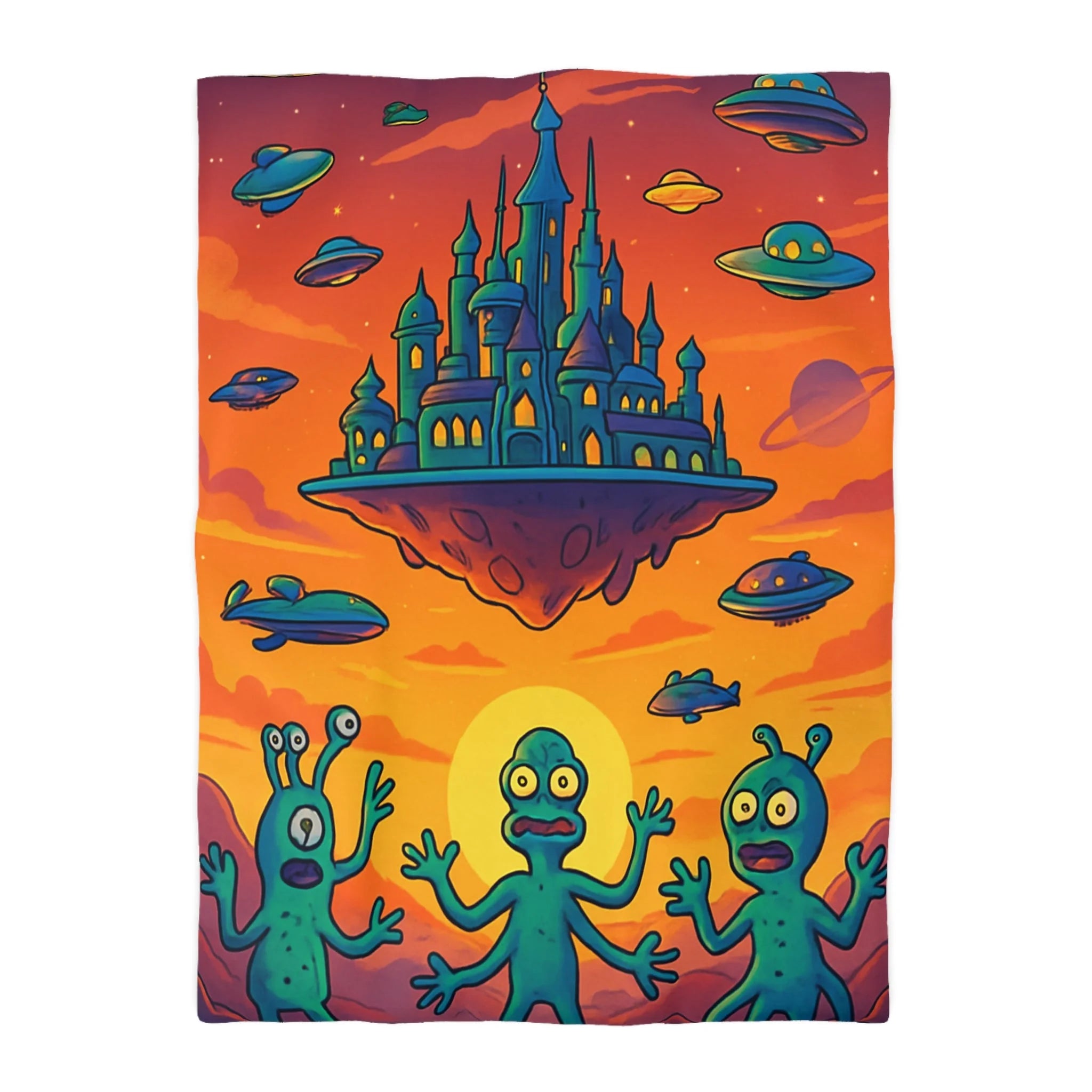 Housse de couette sur thème extraterrestre avec château flottant et OVNI colorés