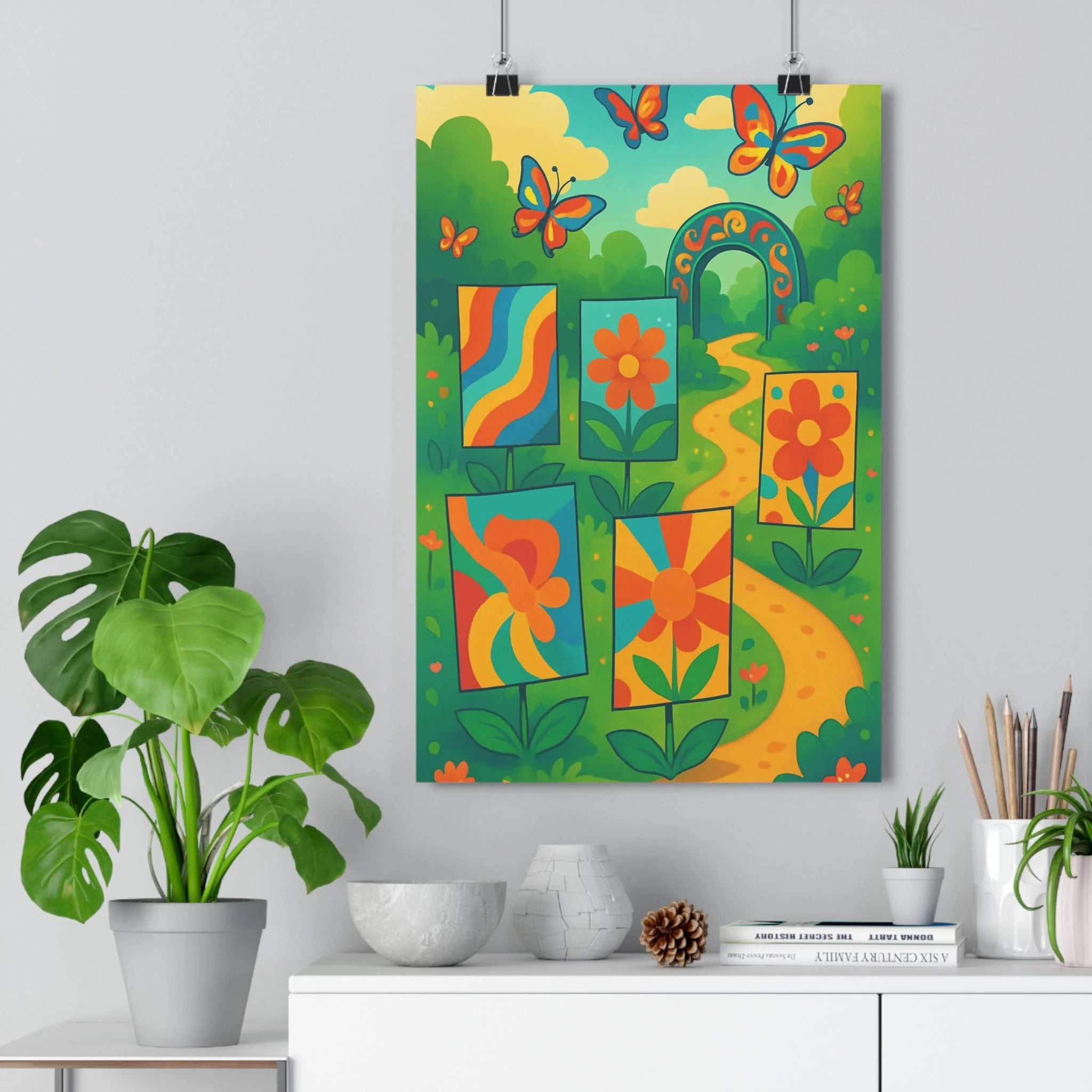 Poster décoratif jardin fleurs stylisées cartoon joyeux coloré vert bleu papillons salon chambre bureau
