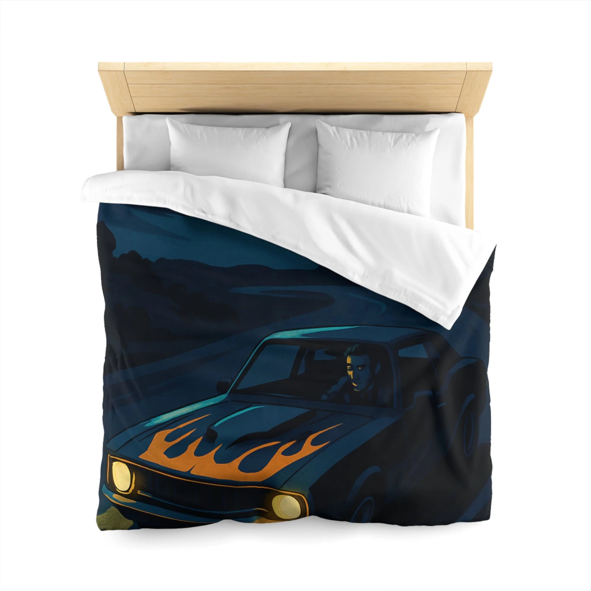 Housse de couette vintage voiture nocturne avec lune et flammes sur capot