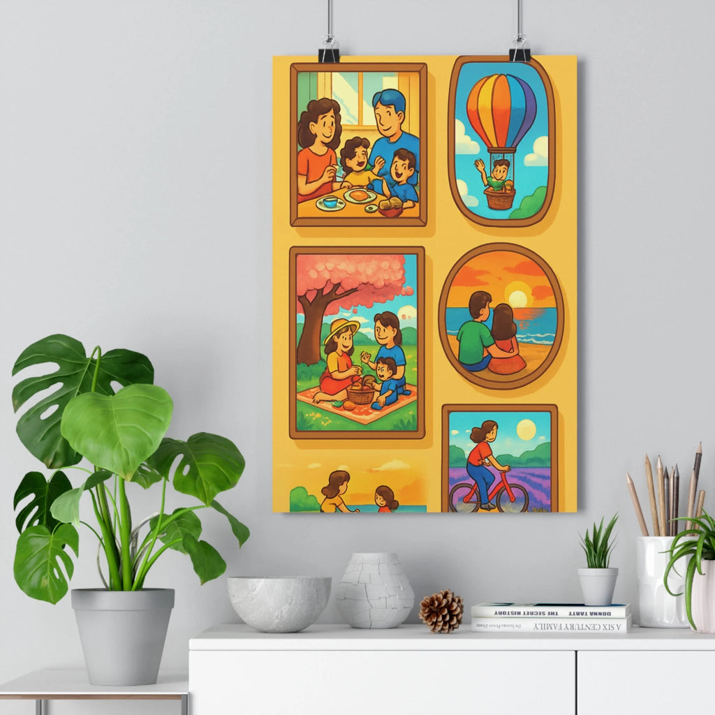 Poster famille repas ballon pique-nique soleil mer lavande vie quotidienne cartoon couleurs douces ambiance joyeuse salon chambre