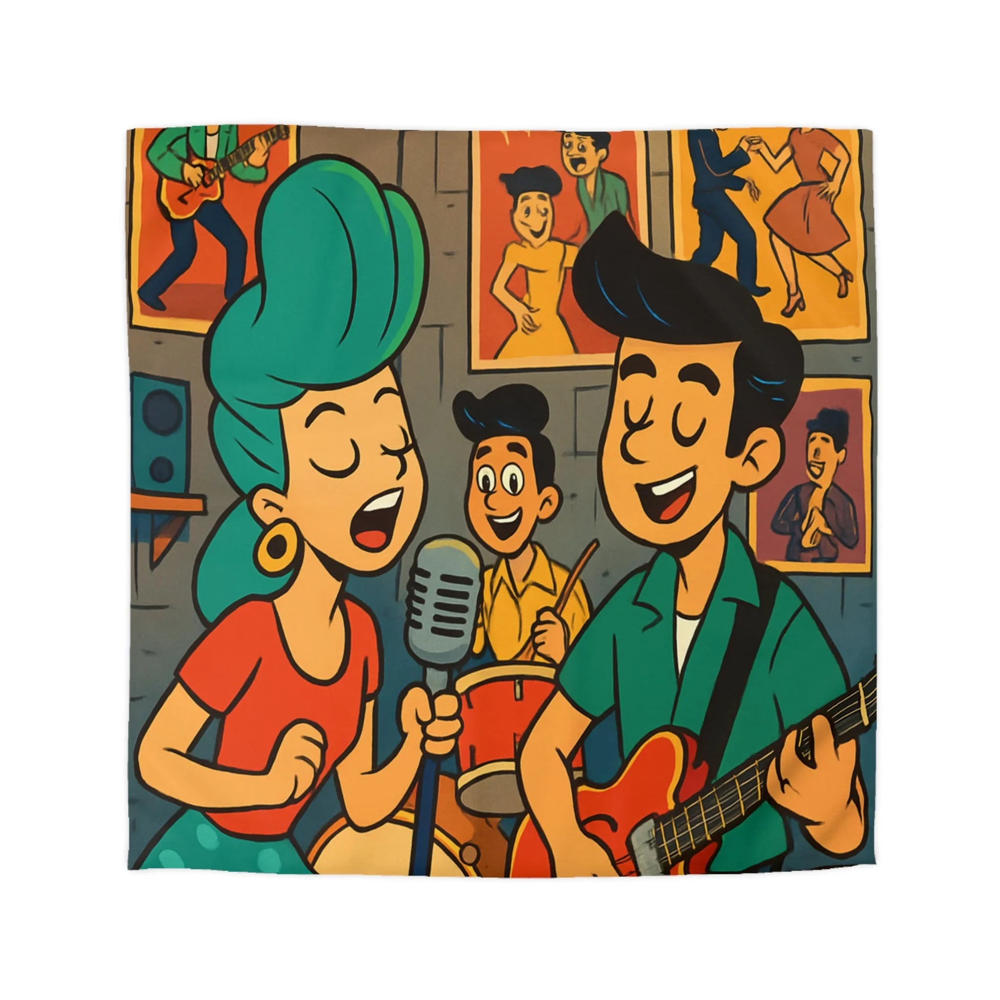 Housse de couette rétro ambiance années 50 avec musiciens et affiches colorées vintage