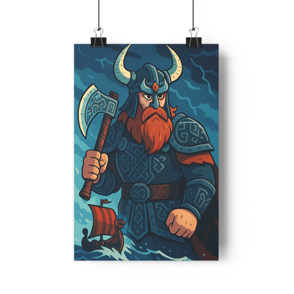 Poster décoratif guerrier nordique mythologique épique aventure salon bleu orageux authentique armure hache qualité