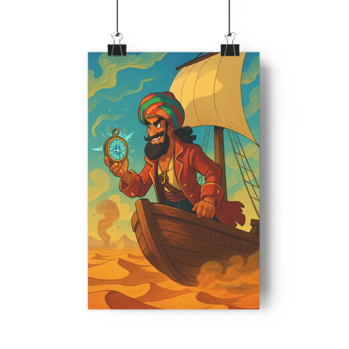 Poster marin aventurier turban compas bateau voile vagues bleu orange nuages sable étagère livres vase plante verte ambiance exotique salon