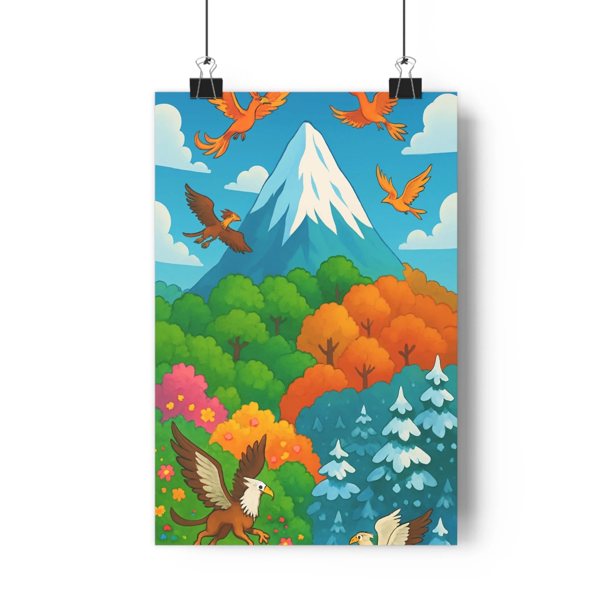 Poster décoratif montagne magique forêt vert orange bleu animé joyeux salon chambre ambiance nature