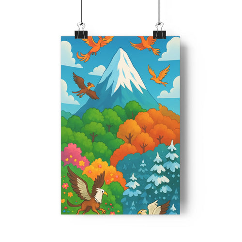 Poster montagne enneigée forêt automnale oiseaux volants ciel bleu feuilles multicolores ambiance joyeuse style cartoon décoration salon chambre