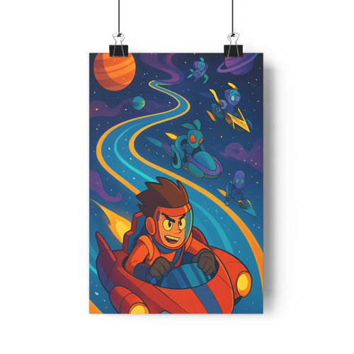 Poster futuriste voiture spatiale homme planètes étoiles nuages lumineux bleu rouge jaune cartoon dynamique aventure espace chambre enfants vibrant