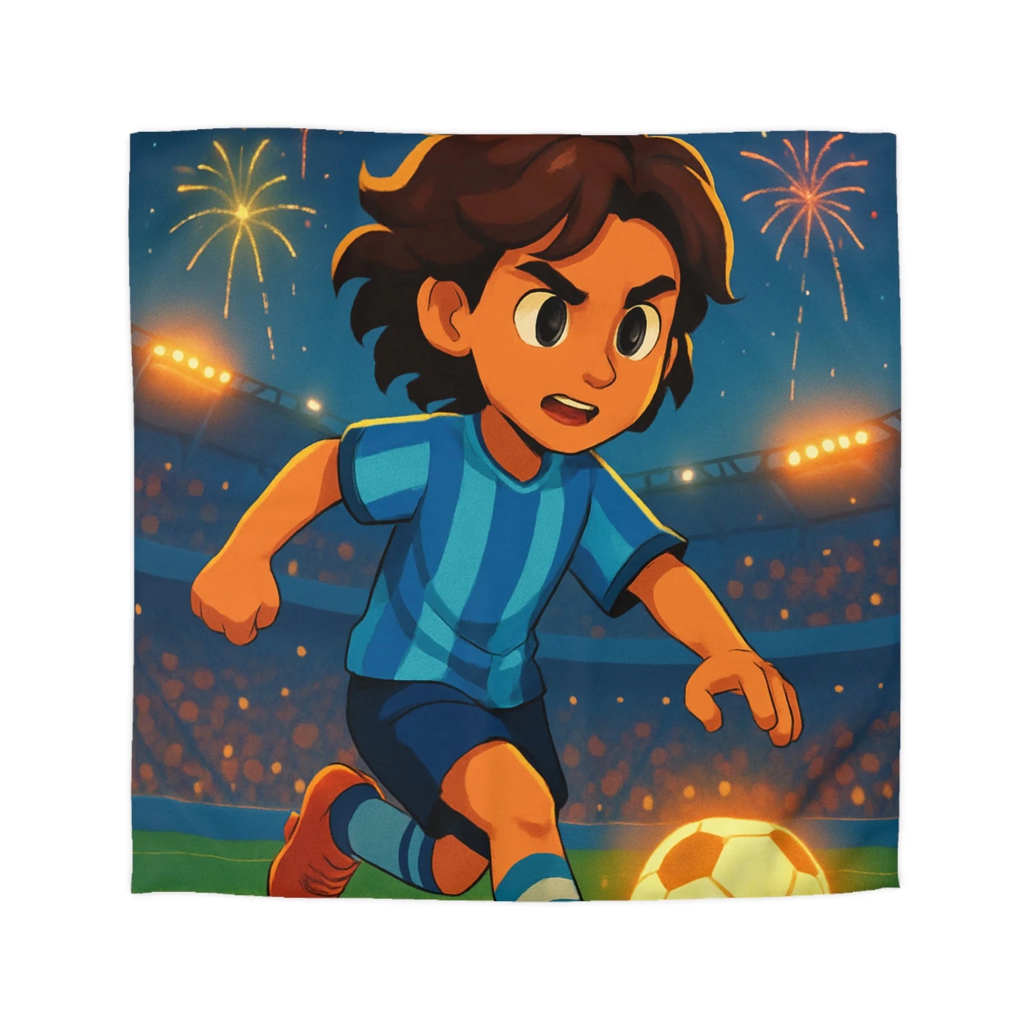 Housse de couette vibrante avec joueur de football animé et feux d'artifice