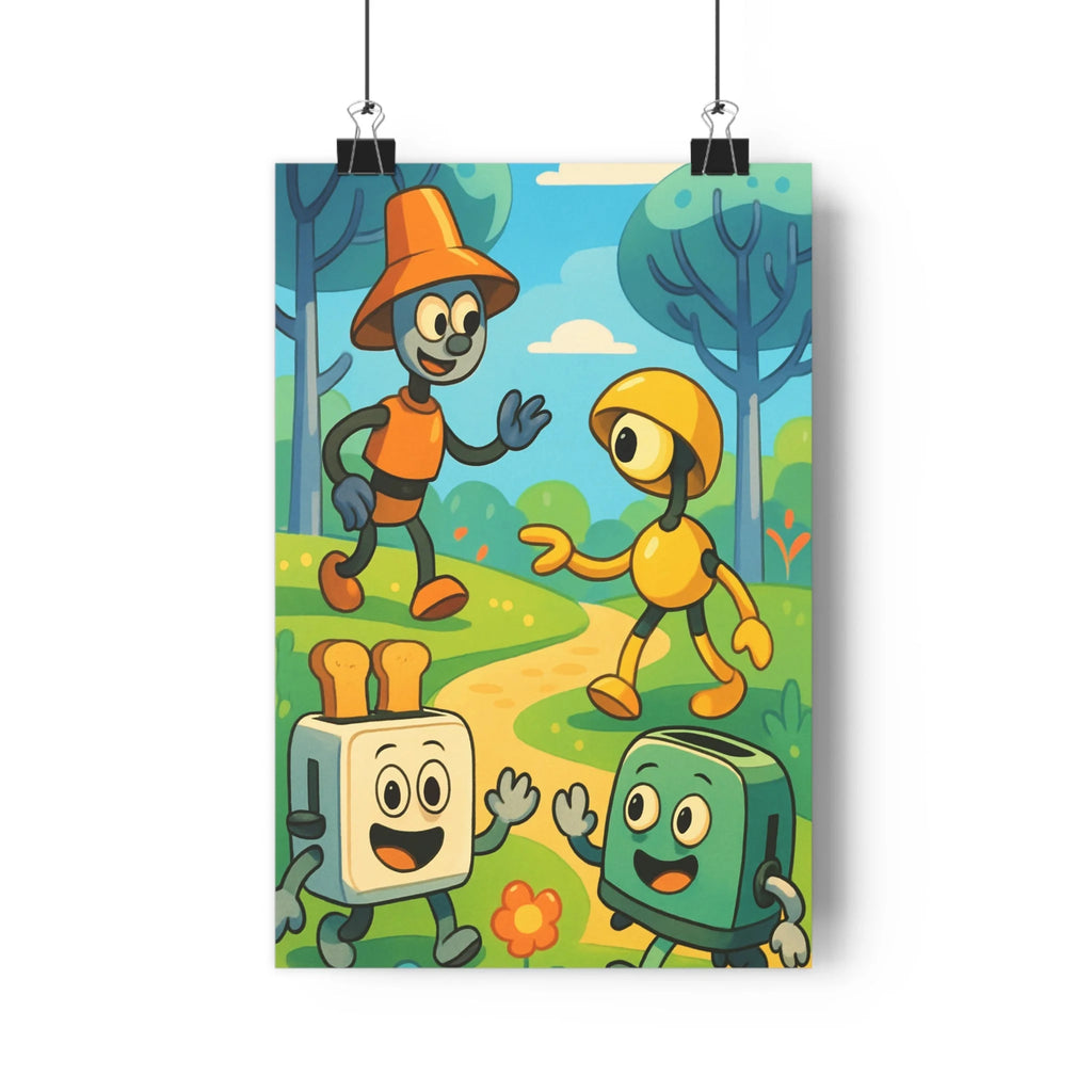 Poster décoratif anime futuriste robots colorés joyeux parc chambre enfant ambiance technologique unique qualité