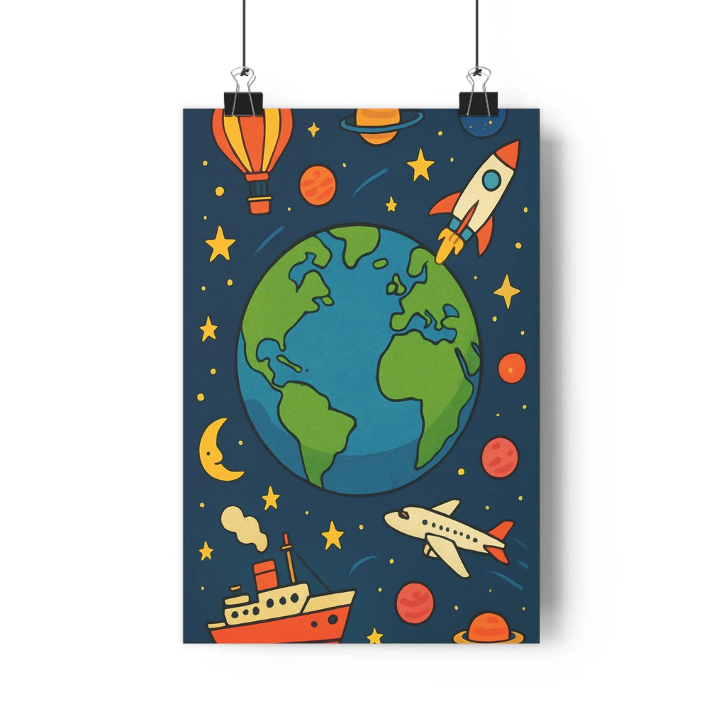 Poster décoratif dynamique mappemonde bleu vert orange céleste aventure chambre salon bureau futuriste unique