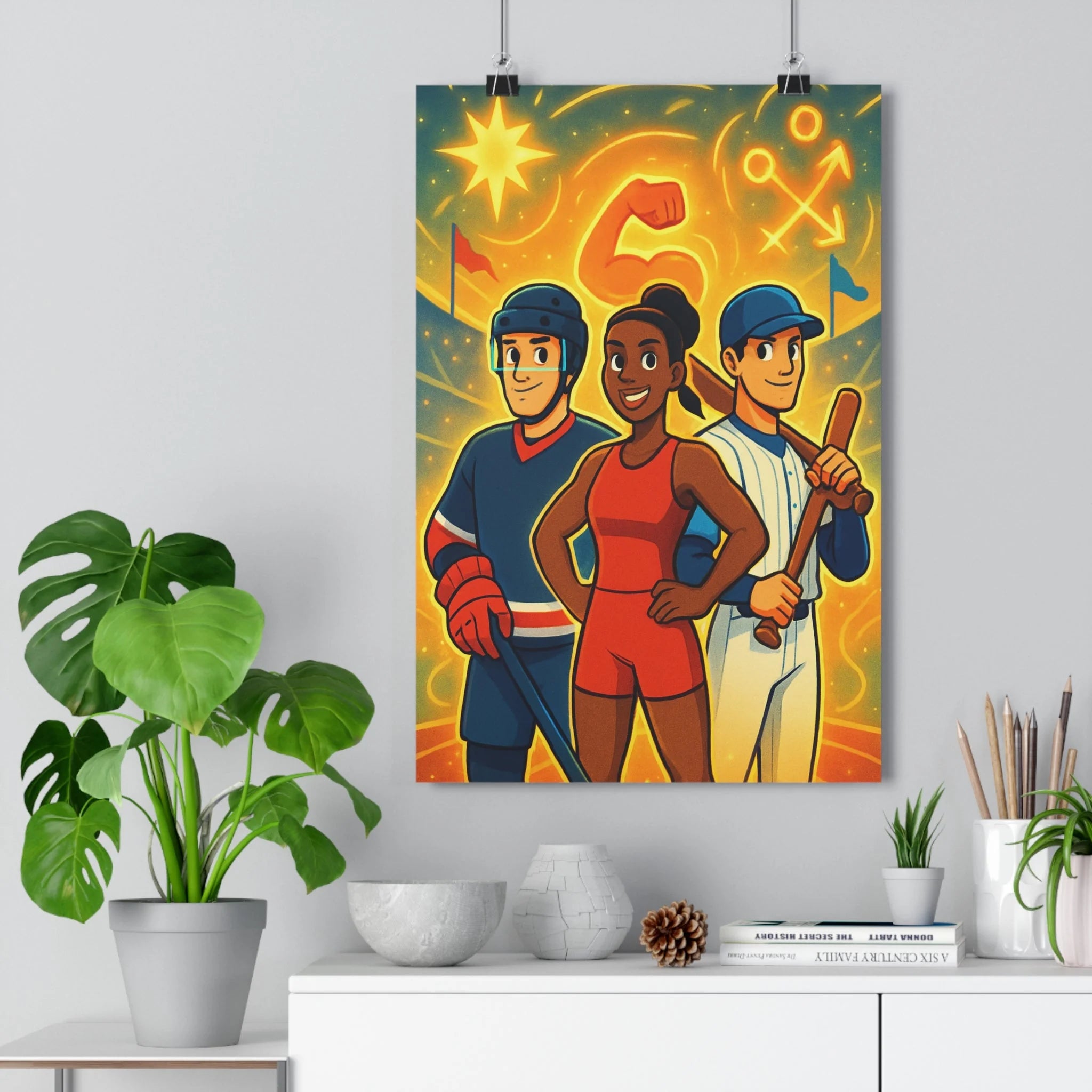 Poster décoratif cartoon énergique rouge jaune chaud chambre enfant athlètes dynamique sport 30x46 design