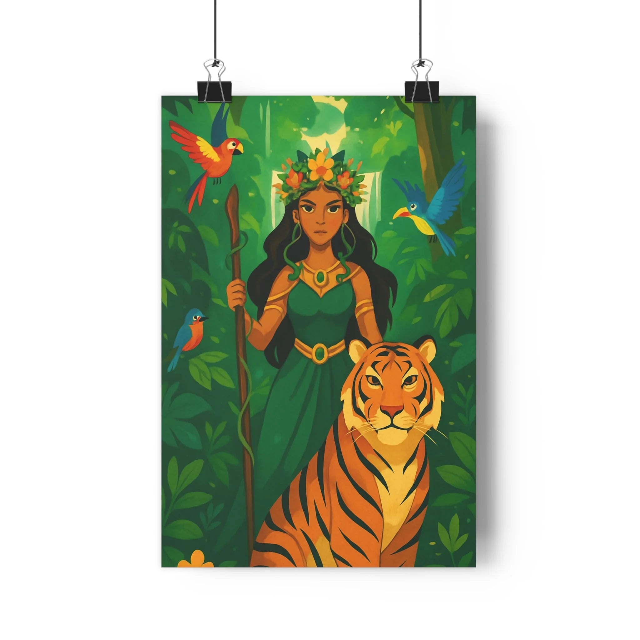 Poster décoratif jungle mystique vibrant cartoon exotique tigre femme couronne fleurs vert orange chambre