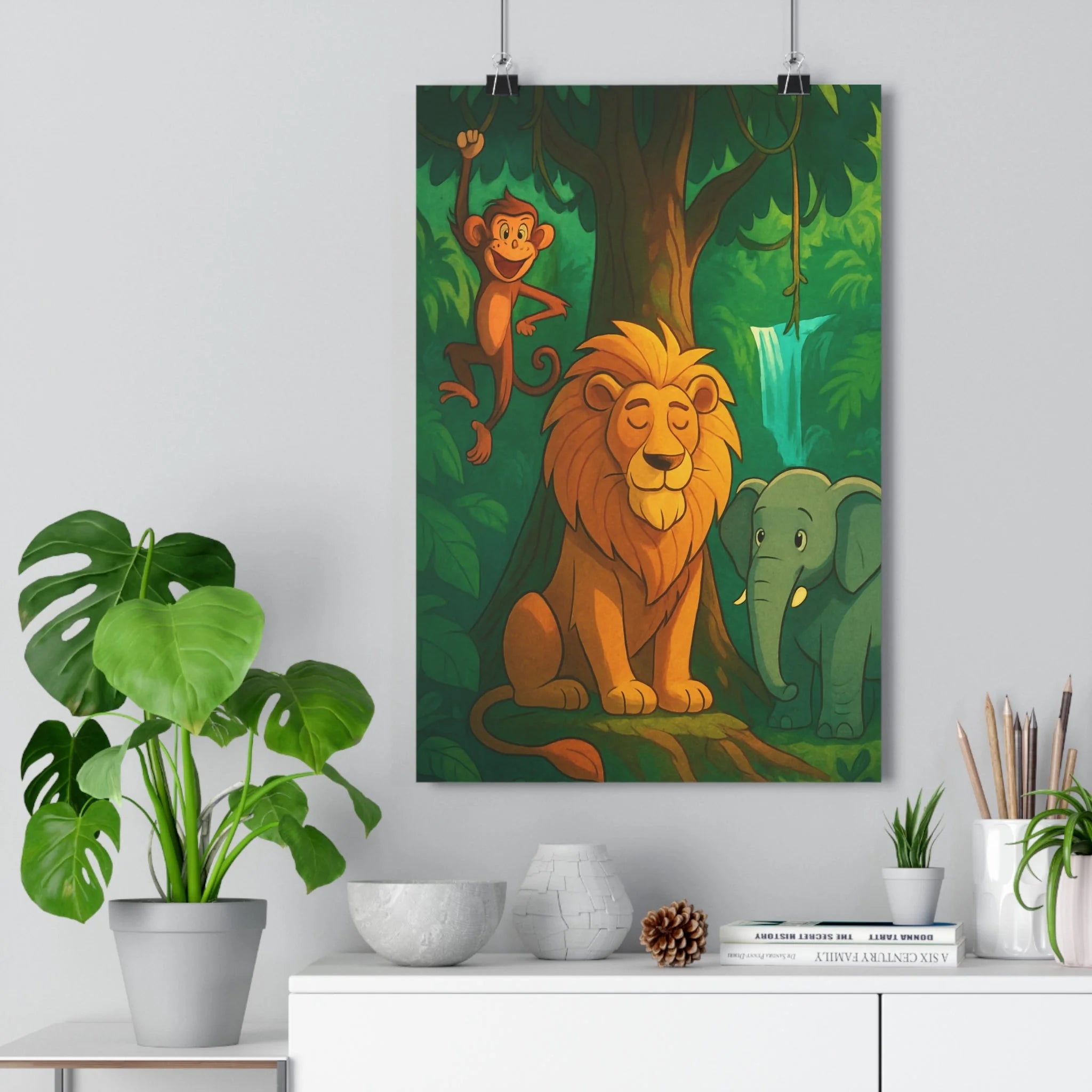 Poster décoratif jungle lion éléphant singe vert doré joyeux salon chambre mural impression vibrant