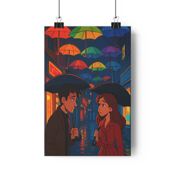 Poster romantique personnages parapluies rue pluvieuse ombrelles colorées nuit bleutée manteaux contrastants fenêtres éclairées ambience douce réaliste profondeur salon chambre