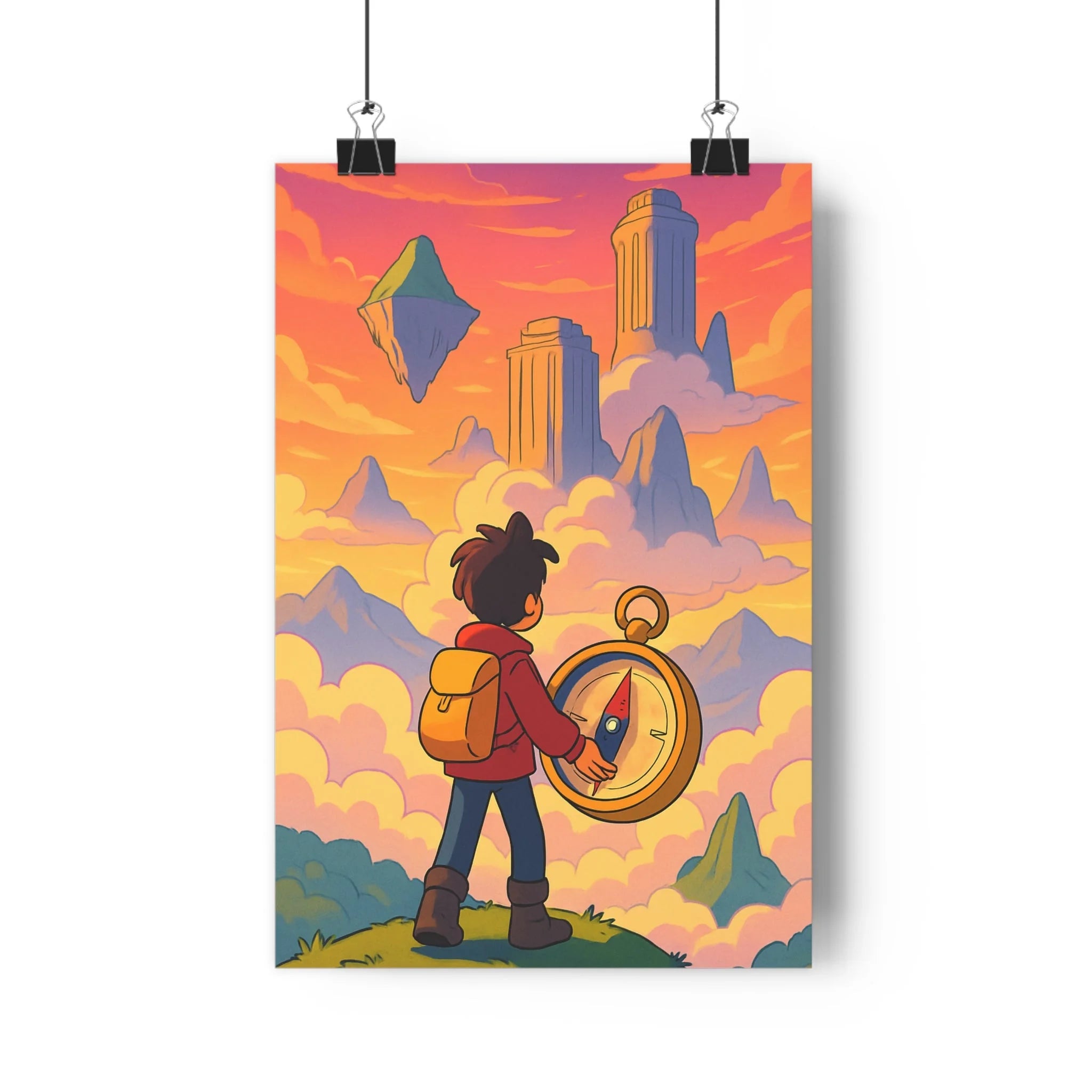 Poster décoratif fantastique aventure cartoon orange rose chambre enfant paysage montagne rêve boussole qualité