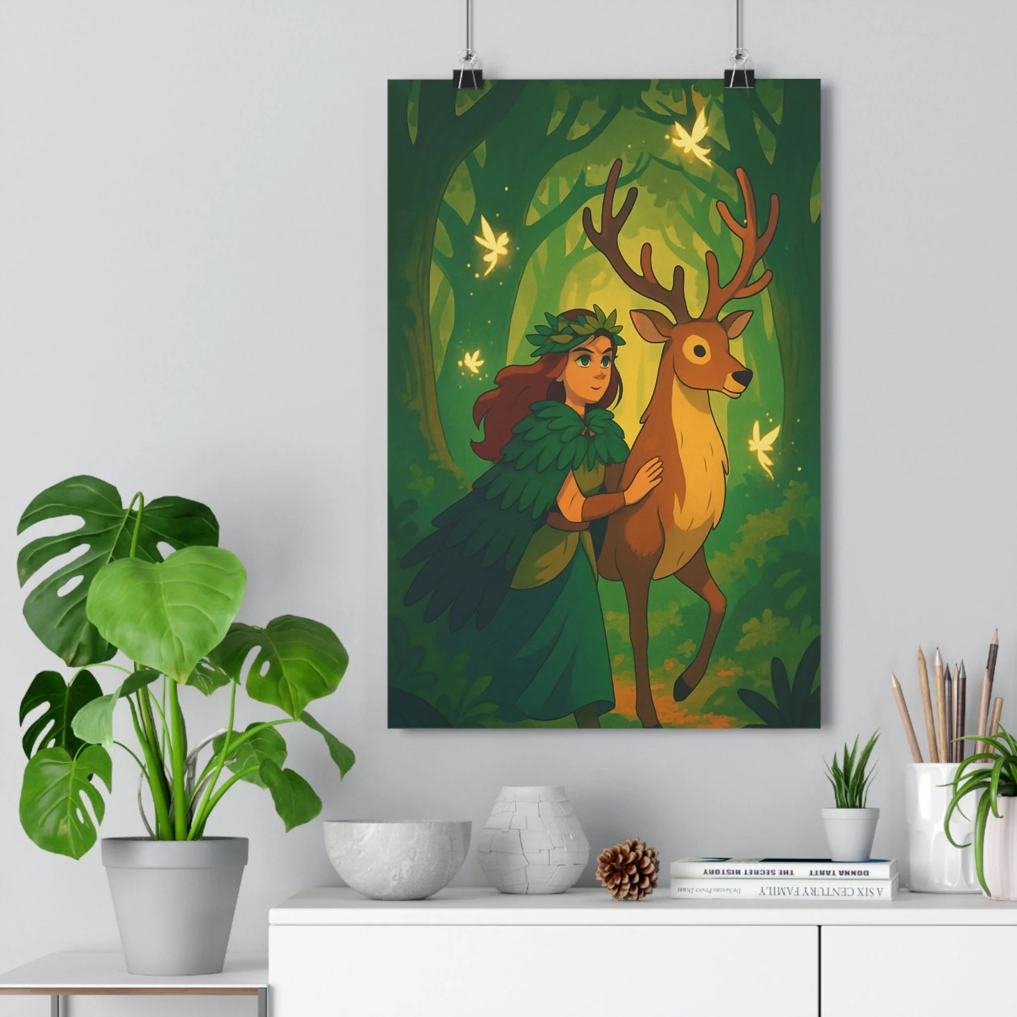 Poster décoratif anime forêt magique vert doré féerique chambre apaisante 30x46 lumineux vibrant qualité